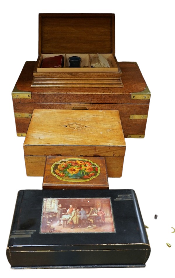 Five Victorian and later boxes to include a brass bound mahogany writing box and an inlaid work box, largest 40cm wide. Condition - poor to fair